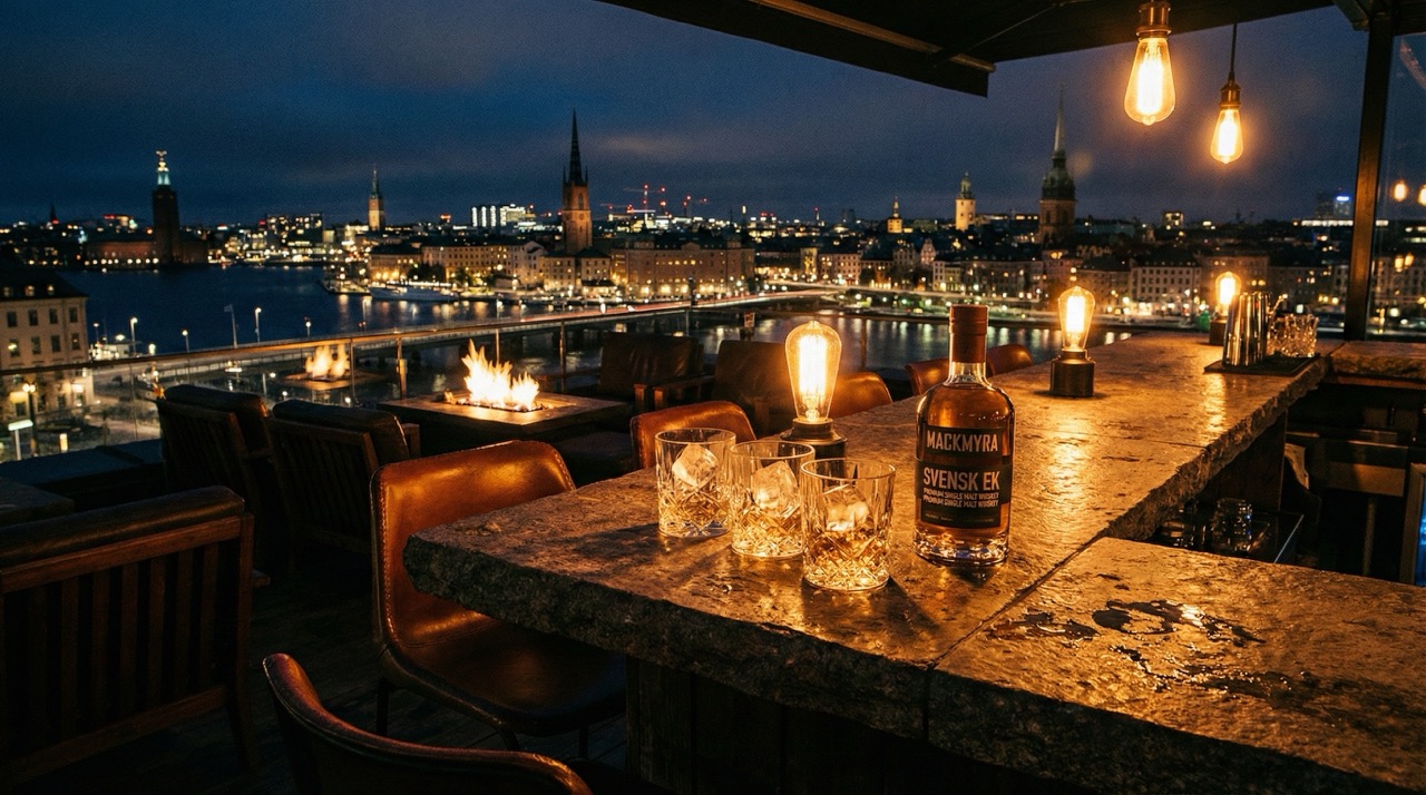 Rooftop bar overlooking Stockholm at night